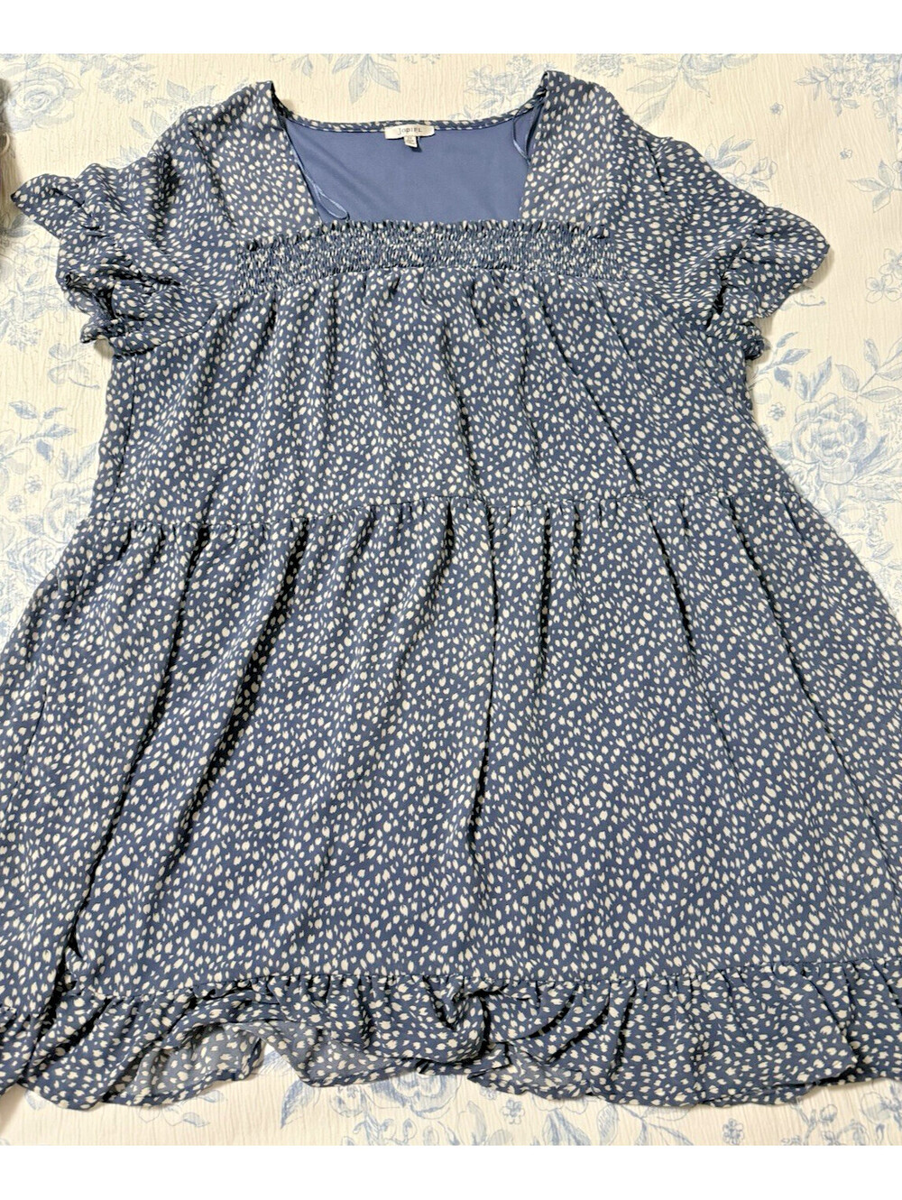 Jodifl Womens 2X Plus size Blue Cream Tiered Ruffle Mini Dress Square Neck